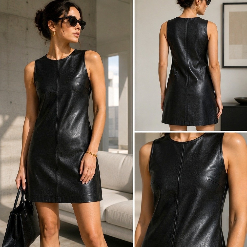 J.Crew Factory Faux Leather Shift Dress Black Sleeveless Lined Size 4
